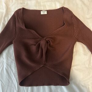 Brown Ribbed Knot Front Top